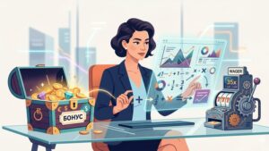 Иллюстрация с графиками и финансовыми символами для анализа математики вейджера в приветственных бонусах казино